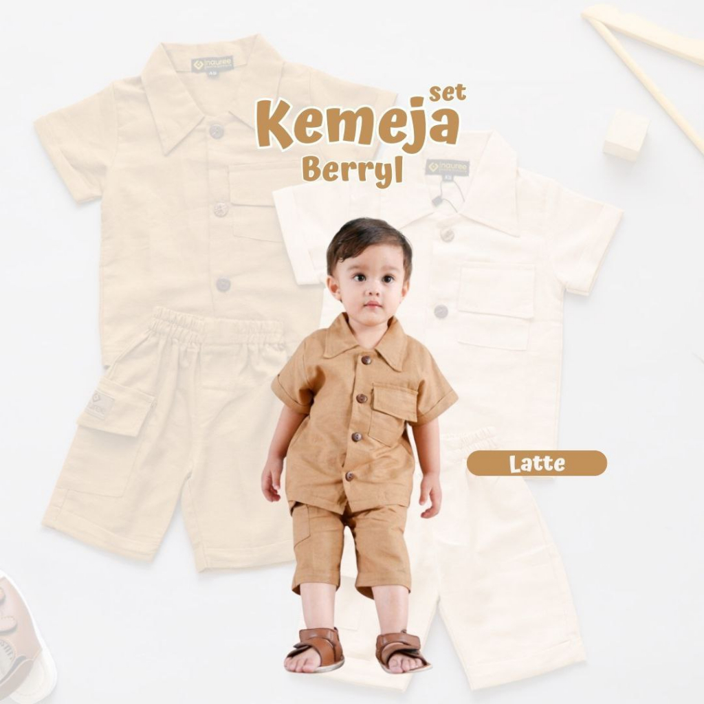 Nauree - Setelan Kemeja Berryl Celana Pendek Selutut Untuk Umur 3 Bulan 1 2 4 5 6 Tahun Bahan Katun Linen Tampil Modis Stylish Nyaman Tersedia Kantong dan Saku Tebal Kualitas Premium