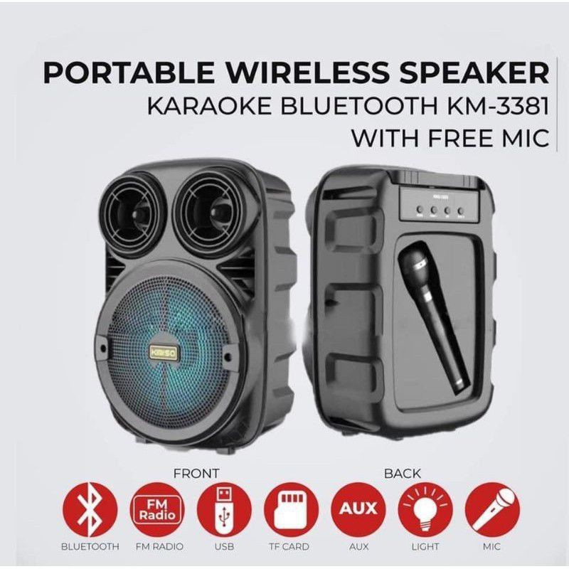 Speaker Bluetooth 3381/338 Bonus Mic 6,5Inci/Salon Aktif Portable Radio Fm/Speaker Wireless Led