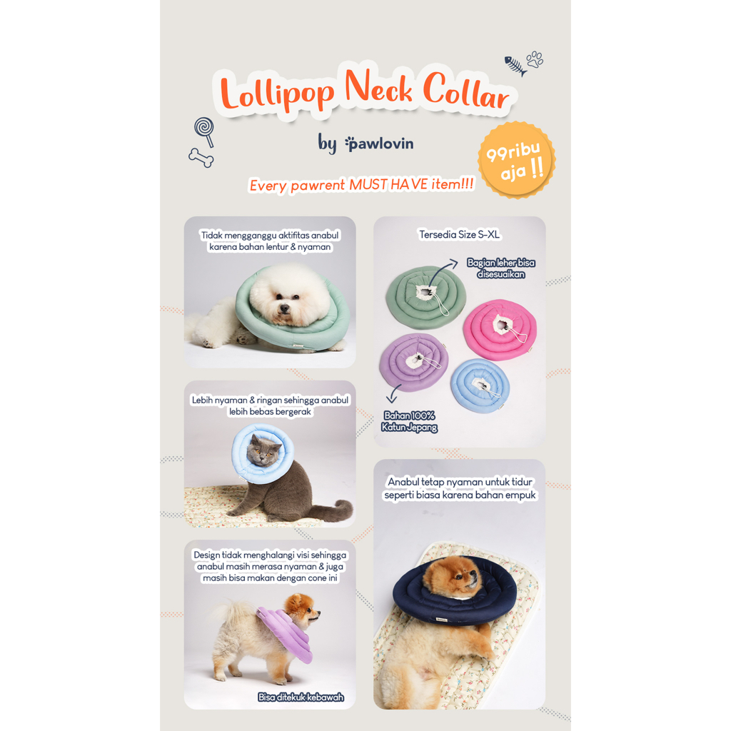 PAWLOVIN - Bantal Corong Pelindung Leher Kucing &amp; Anjing Lollipop Neck Collar