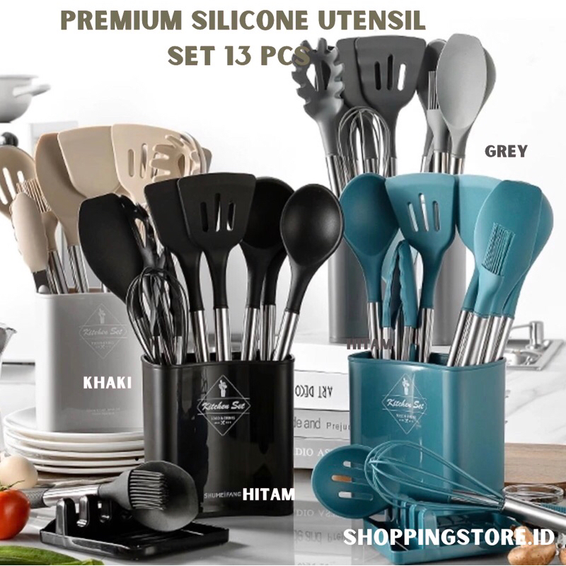 PREMIUM Utensil Bucket Silicone Set /Spatula Sutil Silikon Set 13Pcs Full ORIGINAL KITCHEN SET