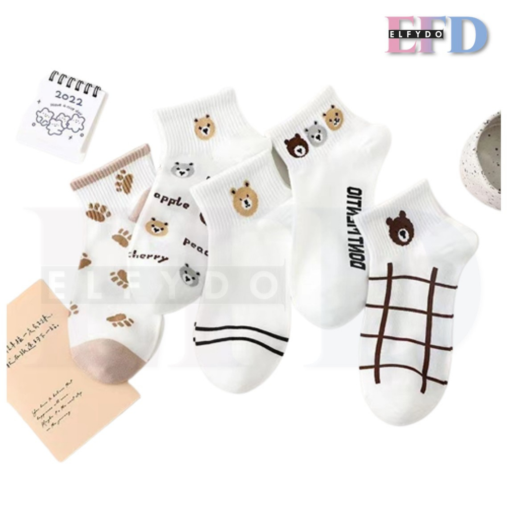 ELFYDO KS39 Kaos Kaki Motif Beruang Kaos Kaki Pendek Korean Style Bear Ankle Socks