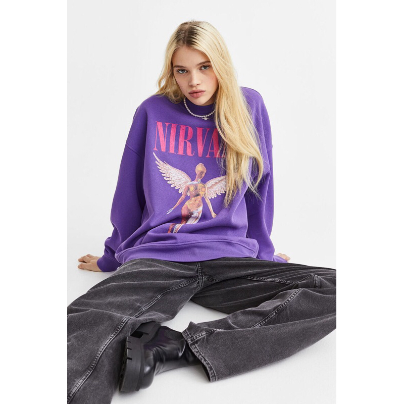 (6.6) Crewneck Sweater H&amp;M Nirvana in Utero Purple Sweatshirt HnM Pria Wanita