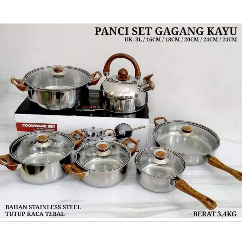 Panci Set Kayu 12 Pcs Stainless / Panci Cookware Set Gagang Kayu Stainless