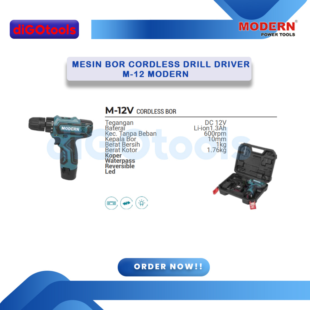 Mesin Bor Cordless 10mm M-12 Modern