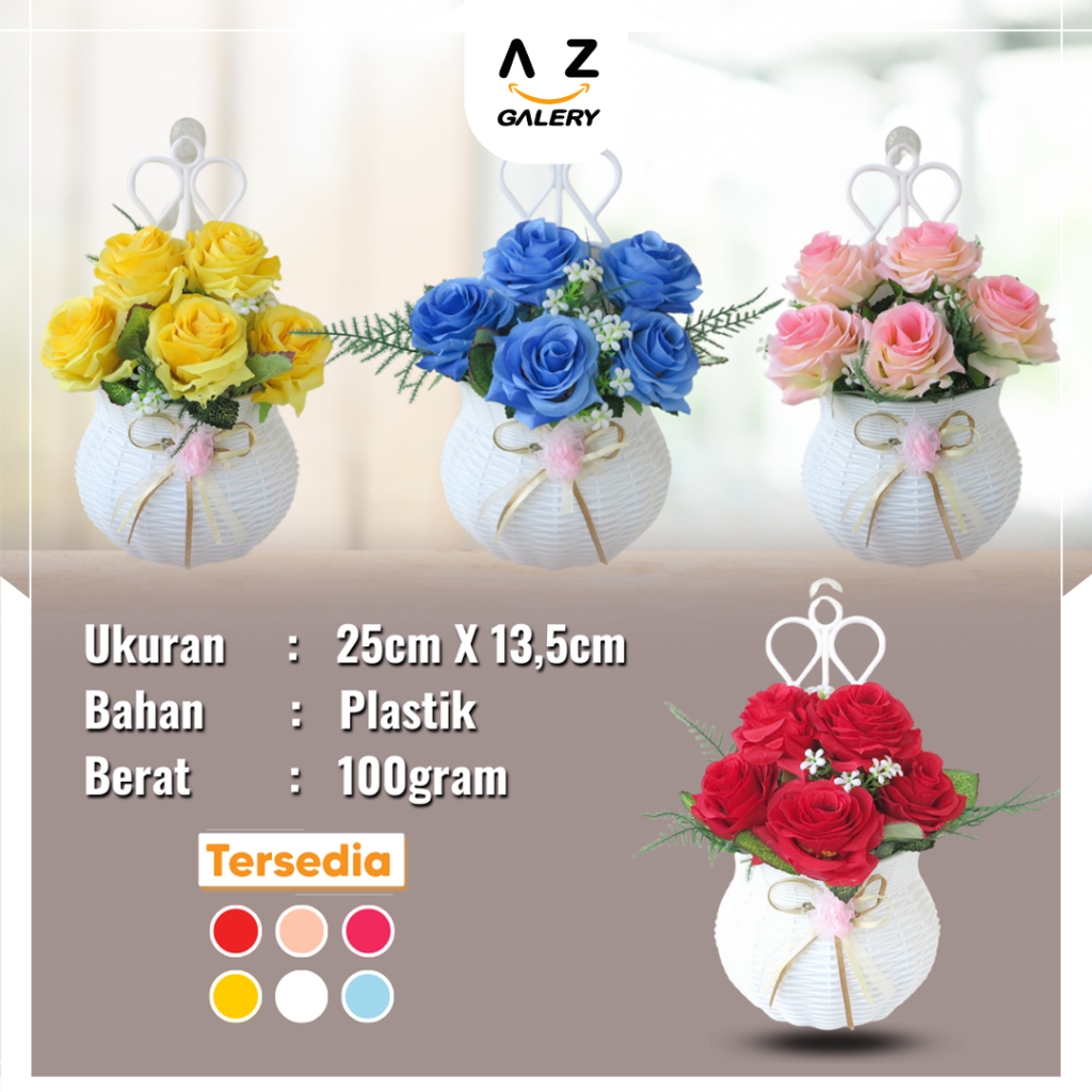 Tanaman Hias Plastik Bunga Mawar Hias Gantung Dinding Cantik Artifical Flower Pot Bunga Gantung Azgalery  PBP35