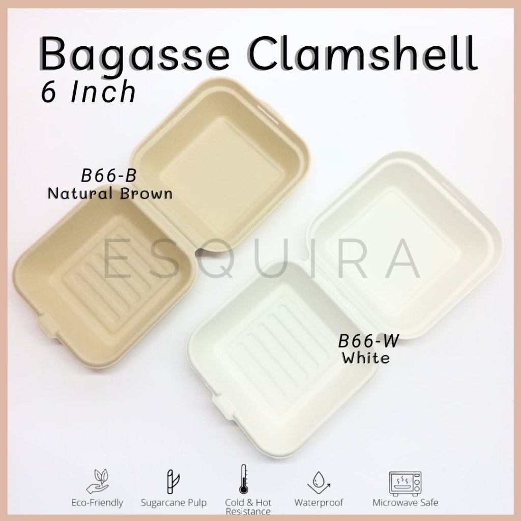 Sugarcane Bagasse Burger Box 6 Inch / Korean Cake Box 450 ML / Lunch Box / 25 Pcs / B66-B / B66-W