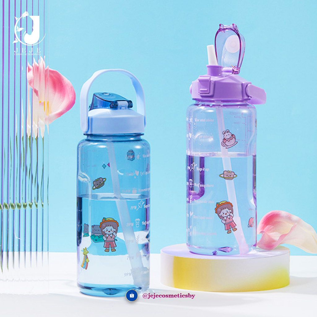 Bonbox Botol Minum Motivasi 2 Liter 2000ml Jumbo I Tumbler Portable Sport Air Plastik Bening Handle I Botol Minum Viral Food Grade
