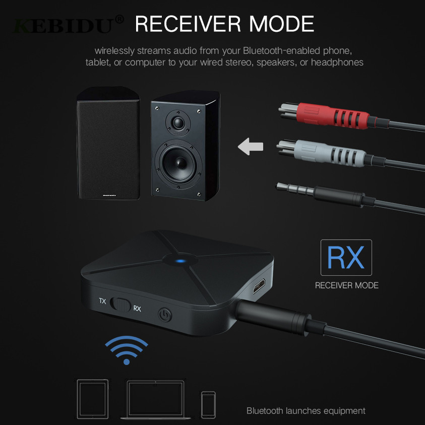 KEBIDU Audio Bluetooth Receiver Transmitter 5.0 AUX 3.5mm Speaker TV - KN319 - Black