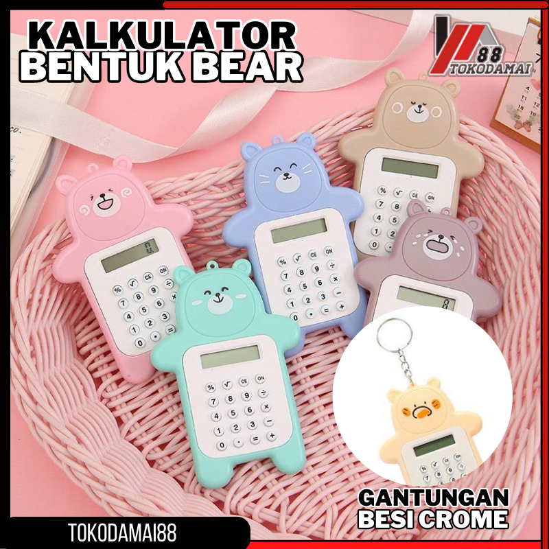 Kalkulator 8 Digit Mini Portable Desain Kartun Beruang Dengan Tombol Karet Untuk Pelajar