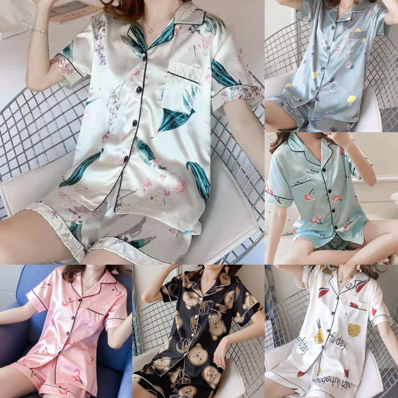 Ready Stock!!! Baju Tidur Piyama Set Bahan Satin Motif Lengan Pendek Celana Pendek/ Piyama Import / Super High Quality / Baju Tidur Import / Baju Tidur Murah / Piyama Set / Baju Tidur Set