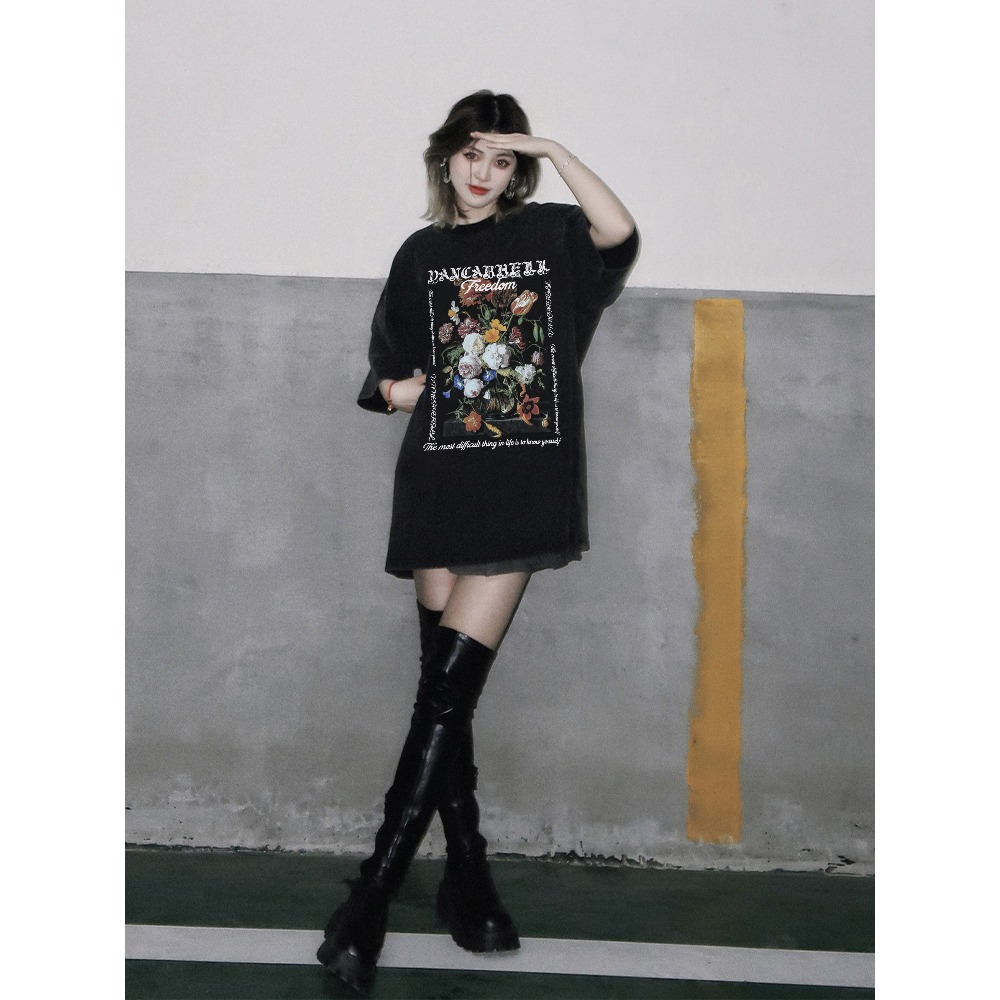 EUNII T-shirt Lengan Pendek Black Washed  Retro Rose Printing Korean Style/Kaos Atasan Wanita/Baju Wanita/Kaos Wanita