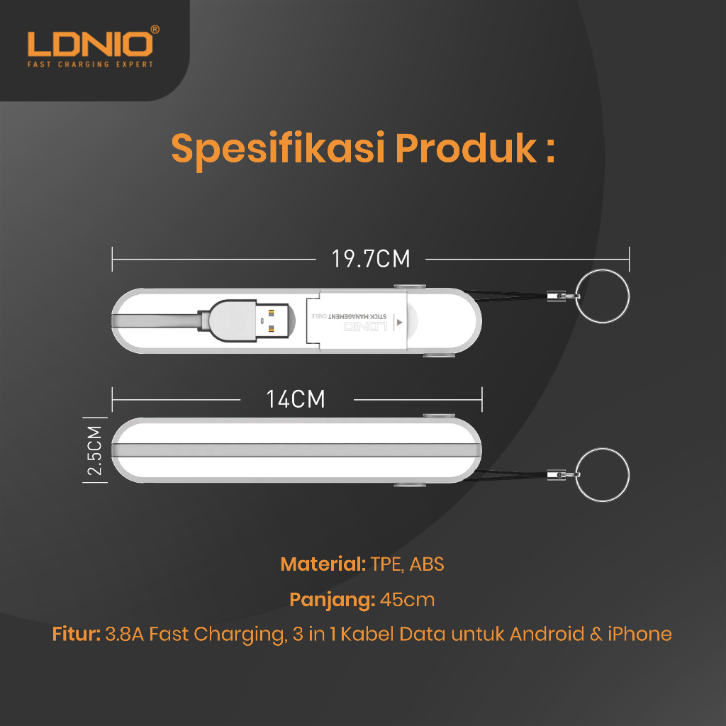 LDNIO LC130 KABEL DATA CHARGER USB 3 IN 1 FAST CHARGER 3.8A DATA CABLE