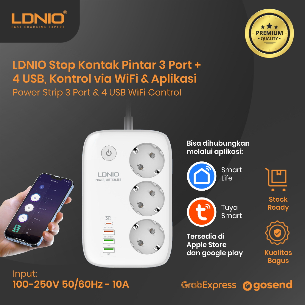 LDNIO SEW3452 POWER SOCKET WIFI 3 USB TYPE  A + 1 TYPE C FAST CHARGER