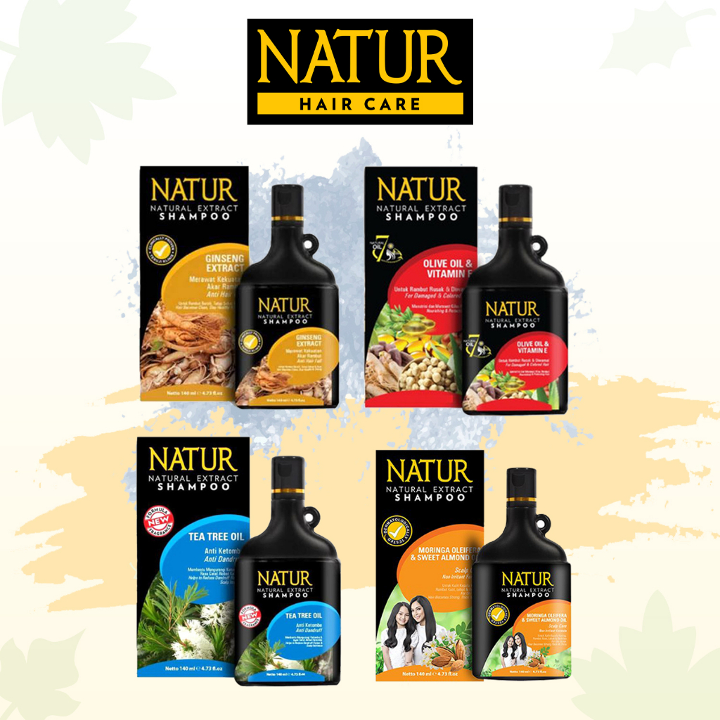NATUR Hair Natural Extract Shampoo Gingseng | Moringa Oleifera &amp; Sweet Almond | Tea Tree Oil | Olive Oil &amp; Vitamiin E  140ml