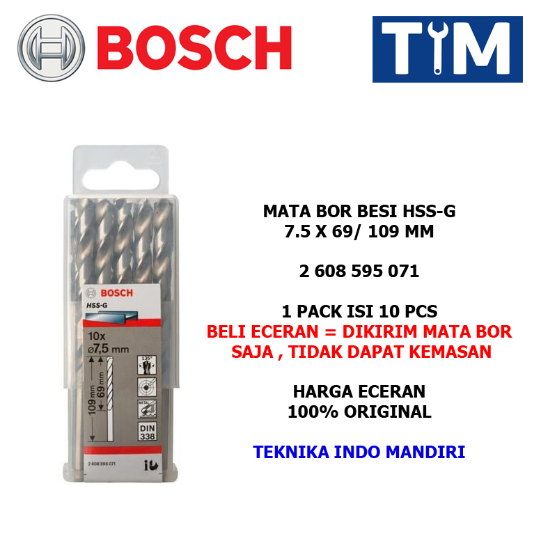 BOSCH Mata Bor Besi 7.5 MM HSS-G / Metal Drill Bit 7.5 x 69 / 109 MM