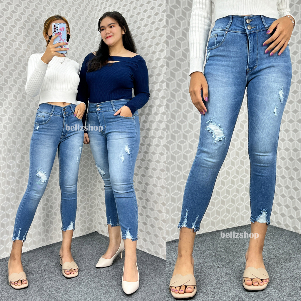 Celana Jeans 7 9 Highwaist Wanita Sobek Tidak Tembus Stretch Jumbo Kancing 2 Kekinian Premium 4344