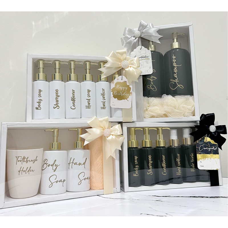 hampers birthday ulang tahun wedding graduation baby born siraman kado parcel box bottle pump refill tempat sabun mandi cair 250ml dan 500ml gold luxury exclusive set