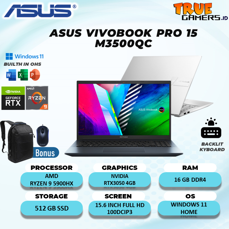 Laptop Asus Vivobook PRO 15 M3500QC RTX3050 4GB RYZEN 9 5900HX 16GB 512SSD W11+OHS 15.6FHD 100DCIP3