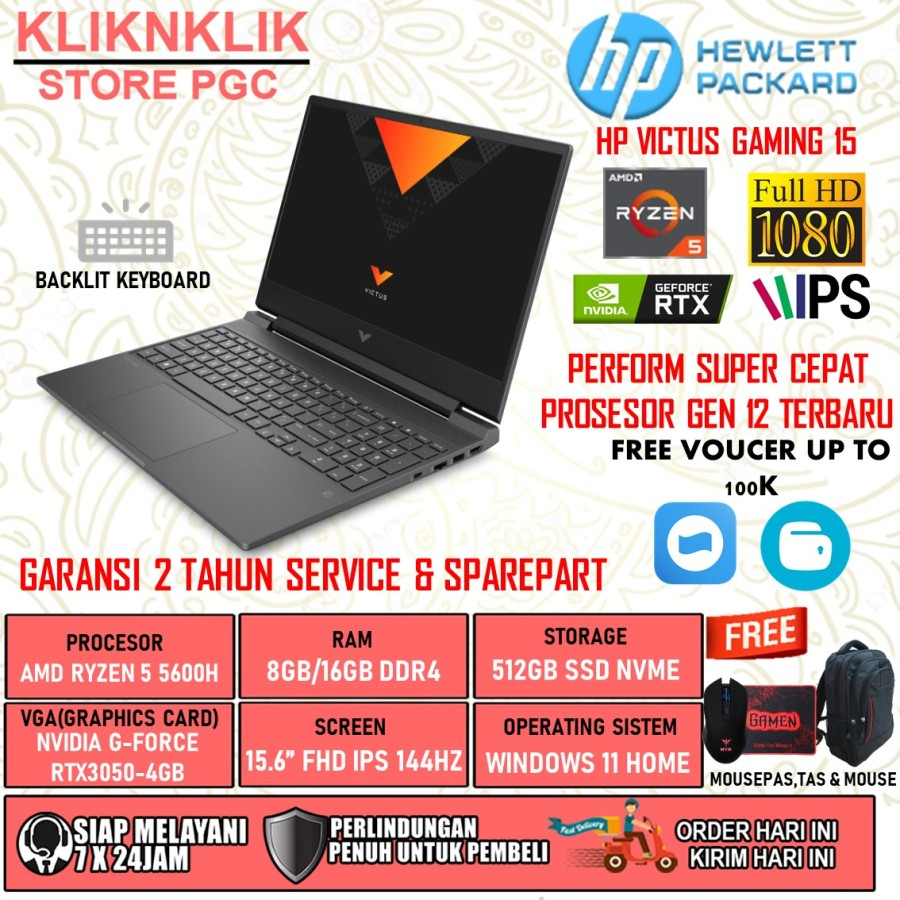 LAPTOP GAMING HP VICTUS 15 FB0009AX AMD RYZEN 5 5600H 16GB 512GB RTX3050 FHD IPS 144HZ BL WINDOWS 11 HOME OHS