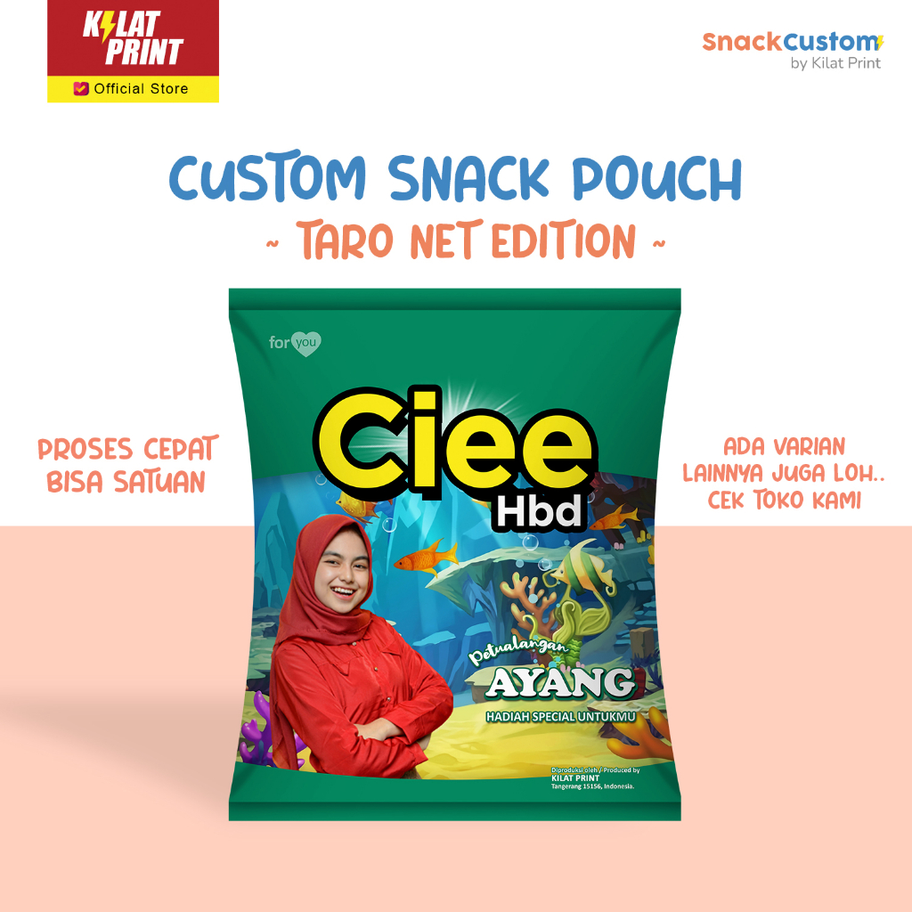 Snack Custom Foto Teks Bungkus Pouch Jumbo Ala Taro Net Edition