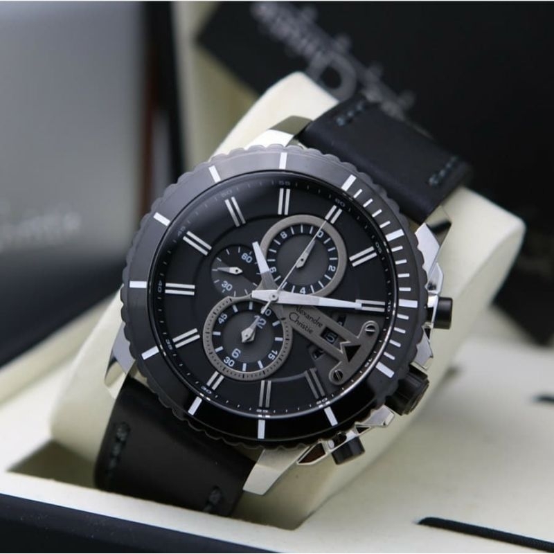 ORIGINAL GARANSI RESMI JAM TANGAN PRIA ALEXANDRE CHRISTIE FULL BLACK KULIT STRAP COWOK ARLOJI WATCH 