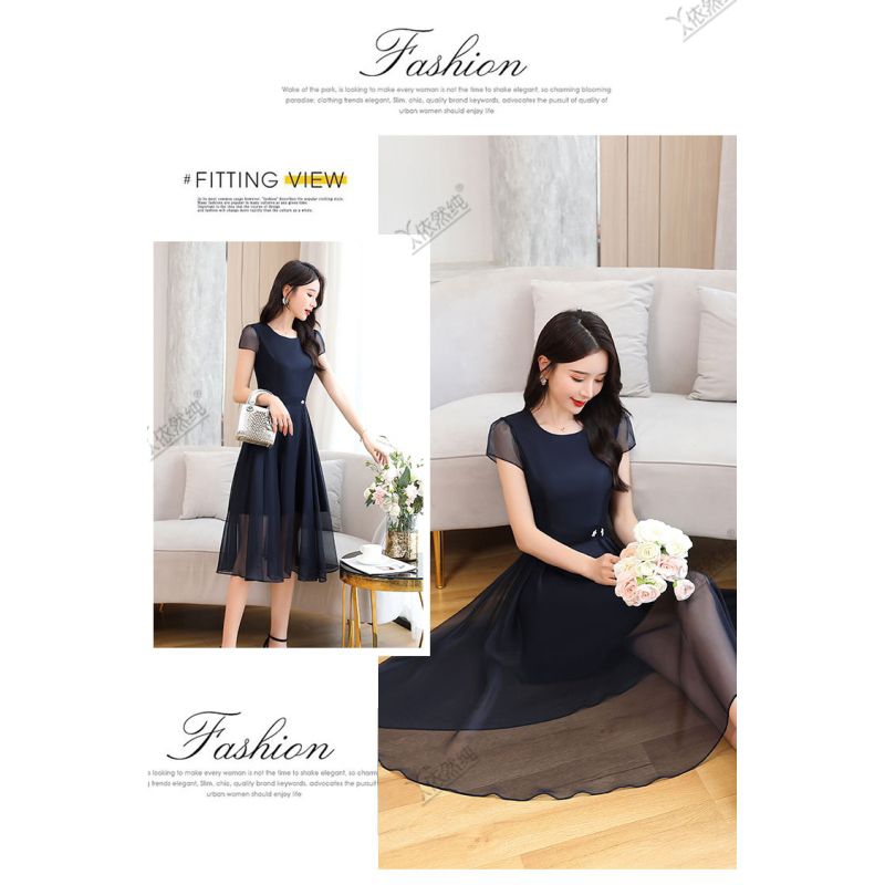 Dress wanita hitam  model cantik sifon Korea  lengan pendek Korea elegant