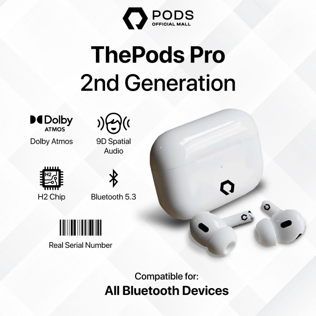 ThePods Pro TWS P2 H.2 Chip 2023 Edition Final Upgrade Wireless Charging  [ Pop Up  &amp; Serial Number Detectable] Headset Bluetooth by Pods Indonesiaaaaaaa