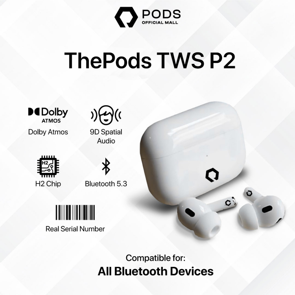 ThePods Pro TWS P2 H.2 Chip 2023 Edition Final Upgrade Wireless Charging  [ Pop Up  &amp; Serial Number Detectable] Headset Bluetooth by Pods Indonesiaa