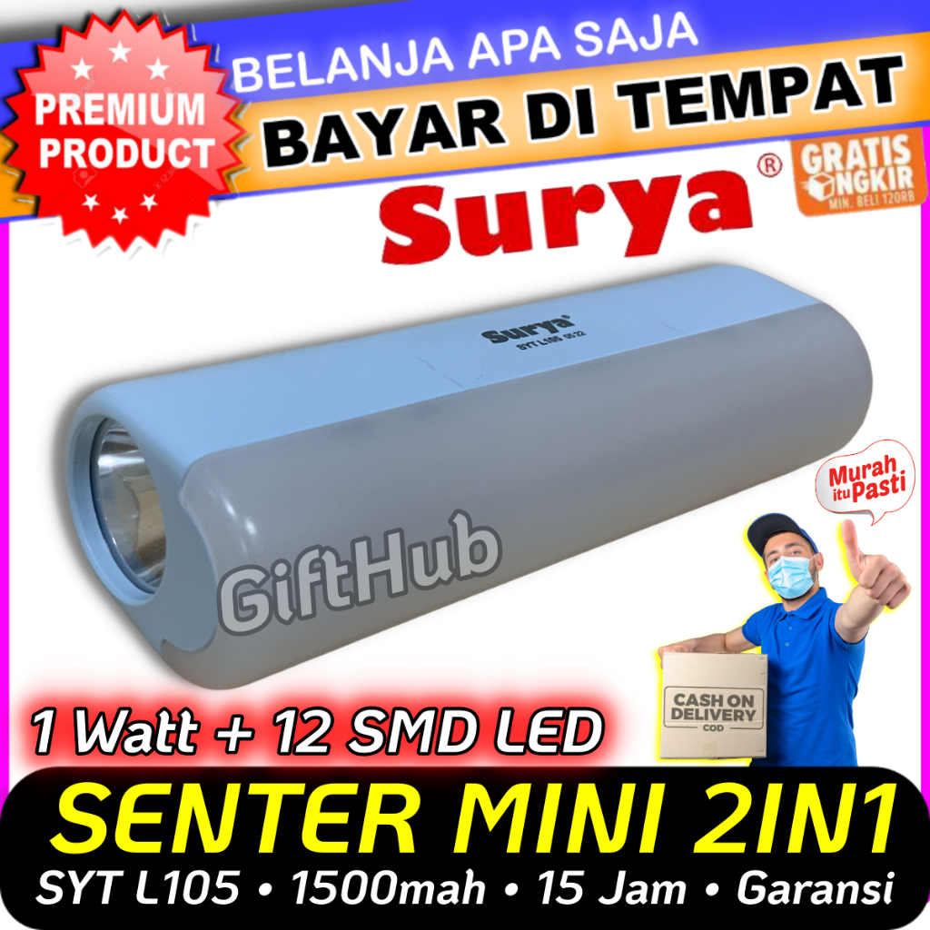 Senter Tangan Mini 2 in 1 Surya SYT L105 Hemat Energi Isi Ulang USB Rechargeable Cas 1500 mAh Tahan 