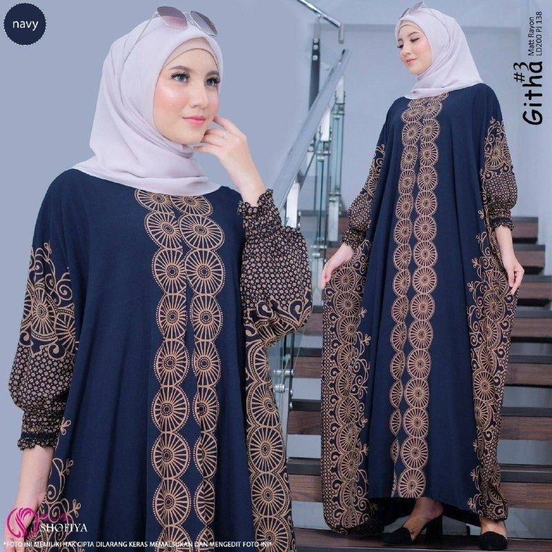 Kaftan Wanita - Daunda Kaftan Size Jumbo XXXXL Motif Daun Lengan Panjang Busui Resleting by Nadira_Fashion / Gamis Rayon Jumbo Kaftan Terbaru-SAri navy