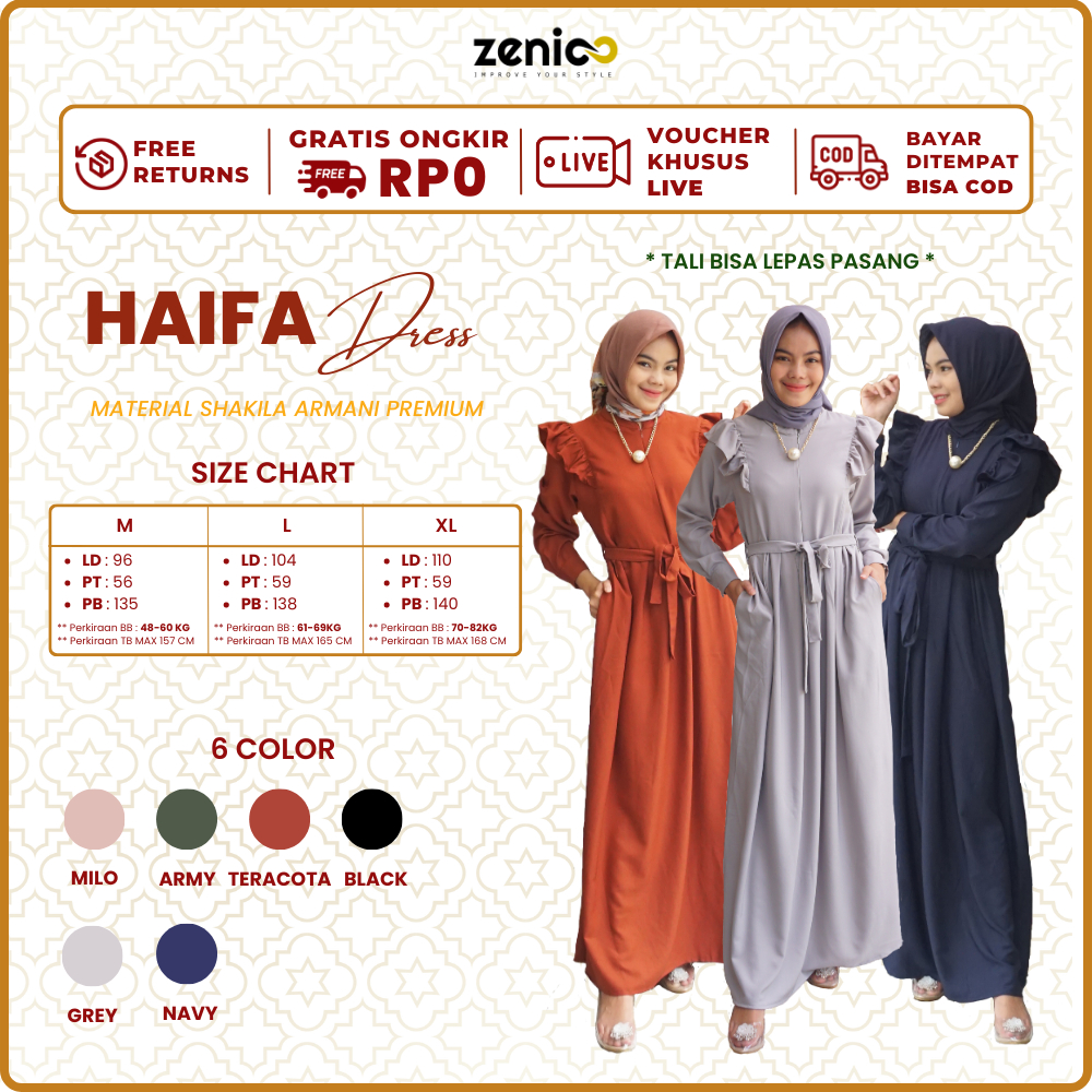HAIFA DRESS PAKAIAN GAMIS MUSLIM WANITA SIZE M L XL BUSUI DAN WUDHU FRIENDLY KEKINIAN TERBARU BAHAN SHAKILA PREMIUM MURAH BERKUALITAS ZENIC_ID COD
