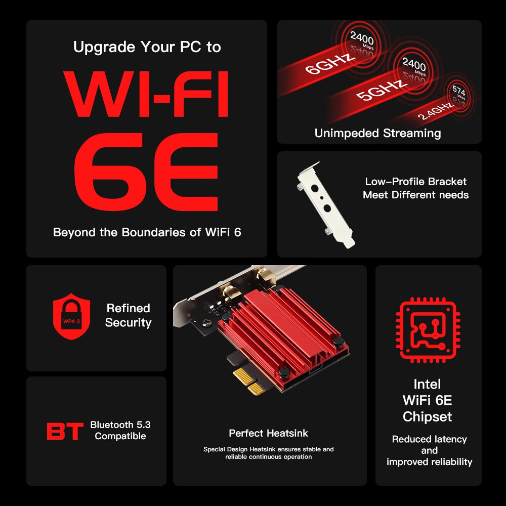 Intel WiFi 6E AX210 5374Mbps Tri-band 2.4G/5G/6Ghz Wireless PCI-E Bluetooth 5.3