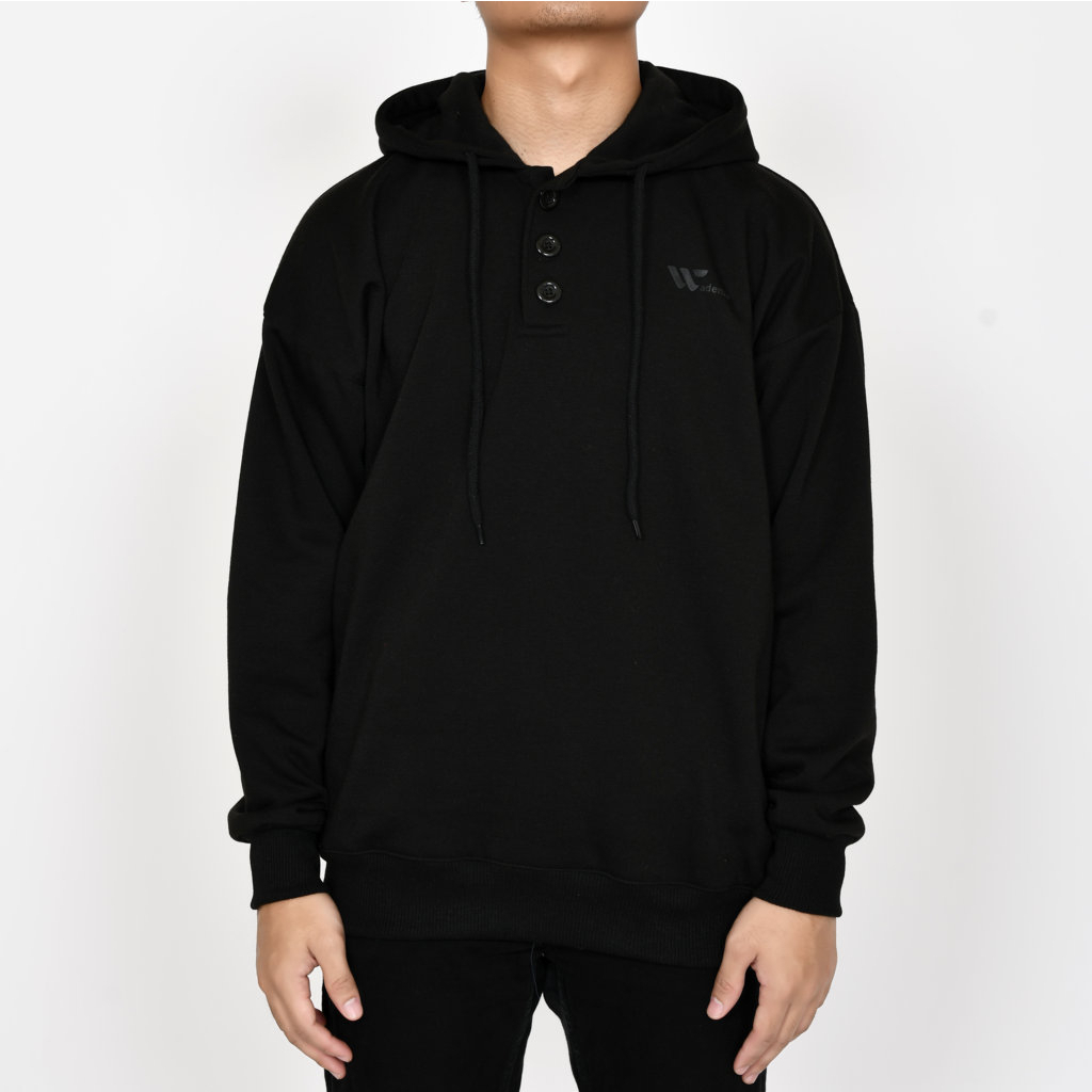 Sweater Hoodie Polos Pria Kancing - Hitam