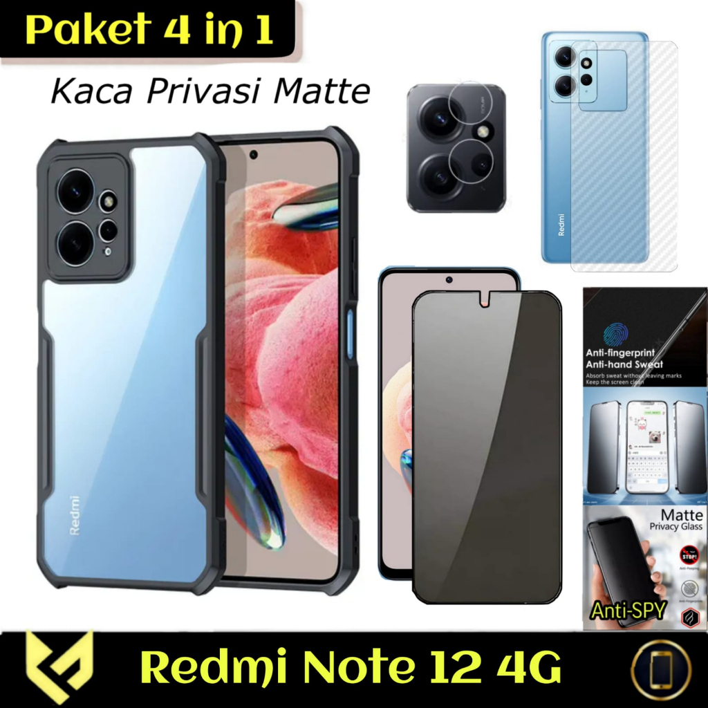 PROMO Paket 4IN1 Case REDMI NOTE 12 4G / REDMI NOTE 12 PRO 5G / REDMI NOTE 12 PRO 4G SoftCase Fusion Free Tempered Glass Layar Warna &amp; Tempered Glass Camera &amp; Garskin Carbon For Xiaomi