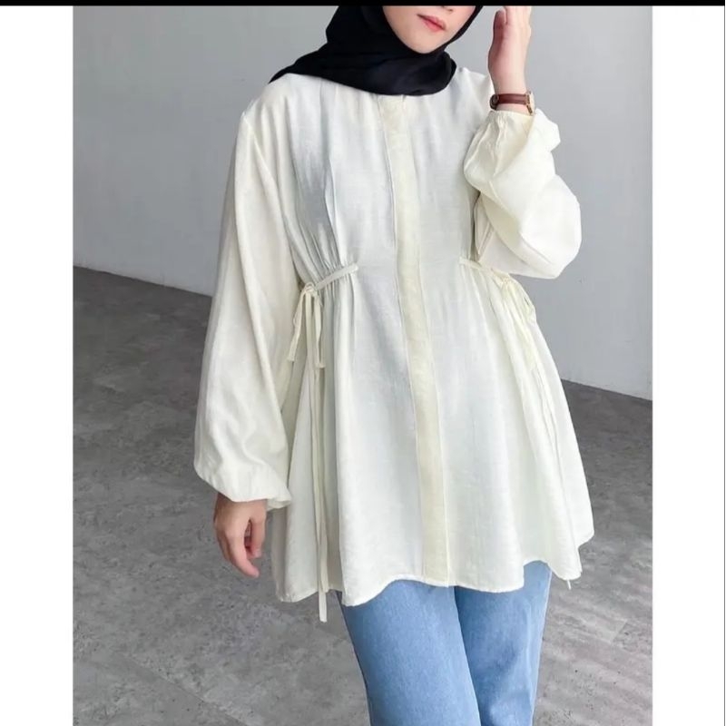 Amanda Blouse Pollo Linen Premium Blouse Wanita Tali Pinggang