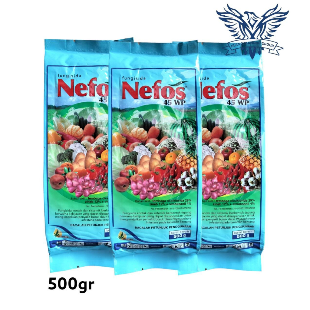 NEFOS 45WP 500gr Fungisida Sistemik Tembaga oksiklorida 29% + zineb 12% + simoksanil 4% Pengendali Penyakit Busuk Daun Pada Tanaman