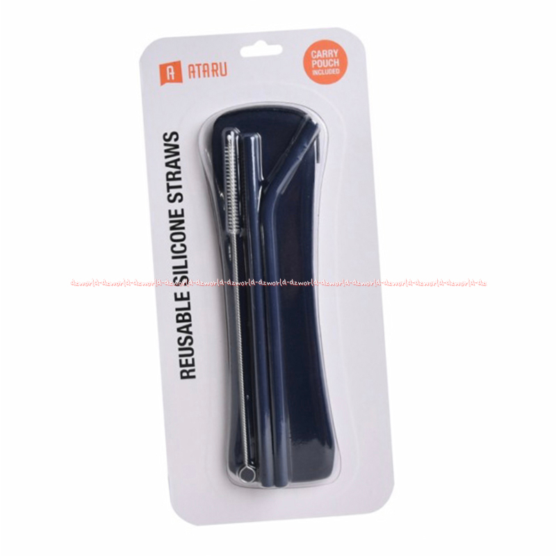 Ataru Reusable Silicone Straws Sedotan Silikon Biru Dengan Sikat Pembersih 3pcs Food Grade Sedotan Tekuk Lurus Blue Straw