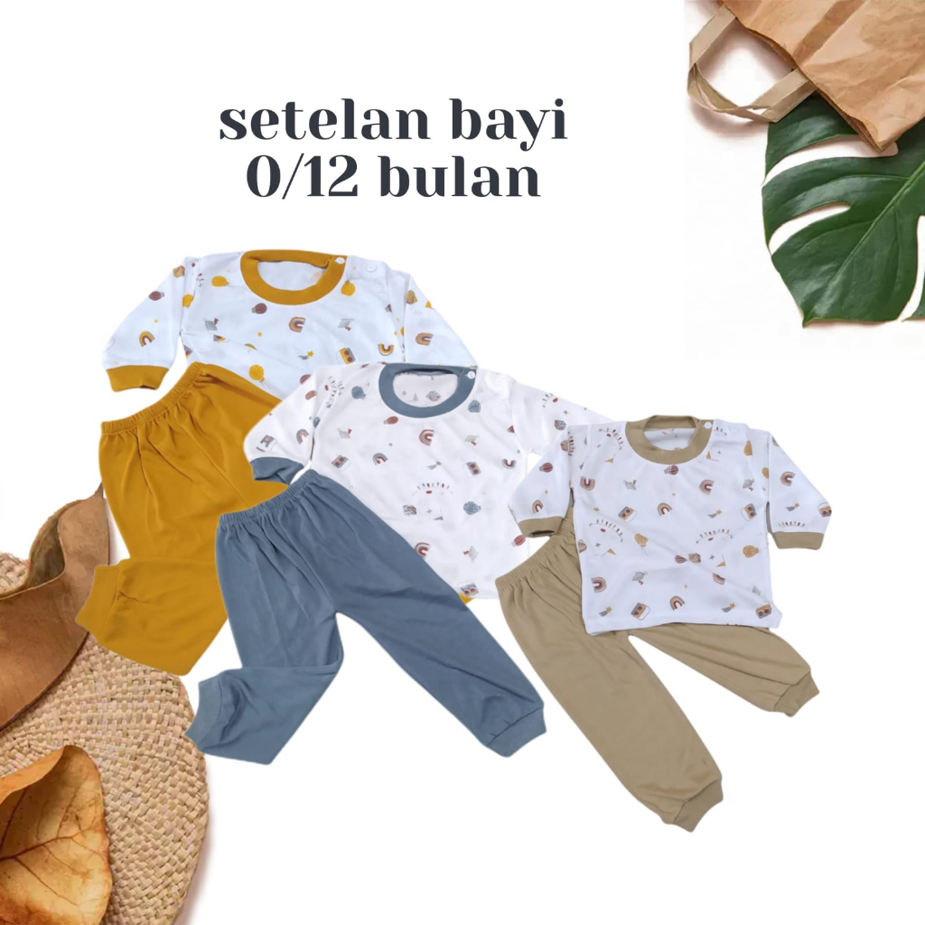 3 PCS Setelan Pakaian Bayi Baju Oblong Panjang usia 0-12 bulan Nyaman Lembut