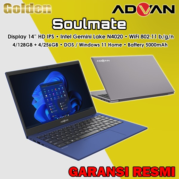 ADVAN Laptop Soulmate Notebook Celeron N4020 14&quot; RAM 4GB 128GB / 256GB