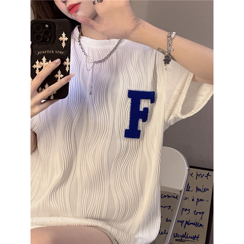 EUNII Korean Style T-shirt Wanita  Lengan Pendek Vintage Bordir Oversize Atasan Wanita