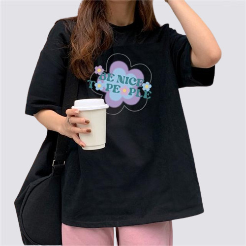 XIAOZHAINV Kaos Atasan Oversize Wanita Flower Alphabet Pattern Lengan Pendek A0423