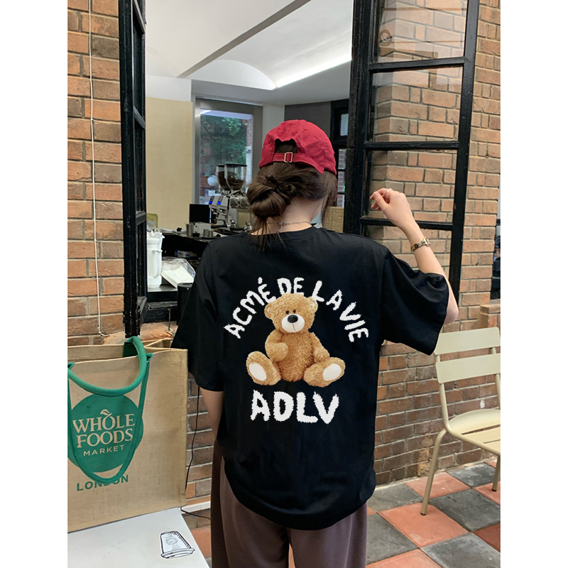 korean style kemeja oversize wanita lengan pendek Cute Bear graffiti print T-shirt import kaos wanita  premium kaos hitam ootd