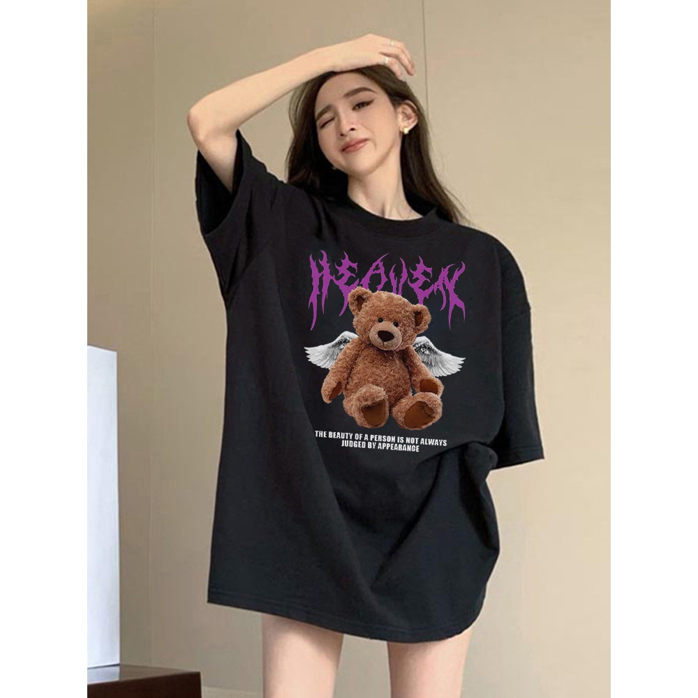 Kaos Atasan Wanita Lengan Pendek Oversize Bear Printed T-shirt Baju Wanita Kekinian Korean Style 001