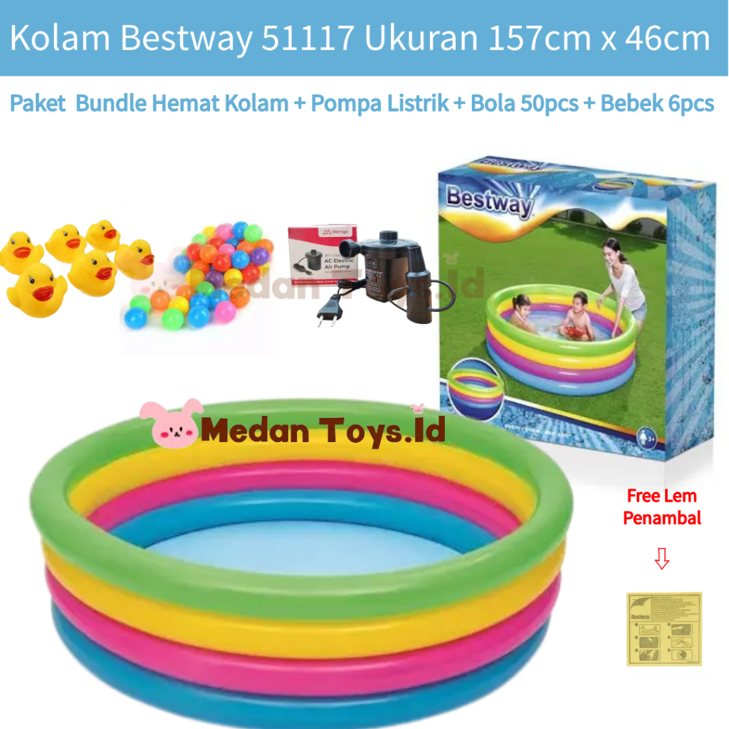 Medan Toys - Kolam Renang Anak Play Pool 157cm Bestway 51117 Pelangi 4Ring