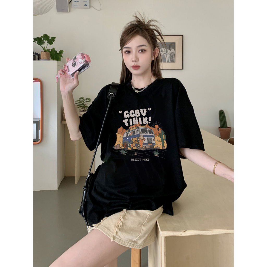 EUNII T-shirt Lengan Pendek Cartoon Desert Car Painting Printing Korean Style/Kaos Atasan Wanita/Baju Wanita/Kaos Wanita