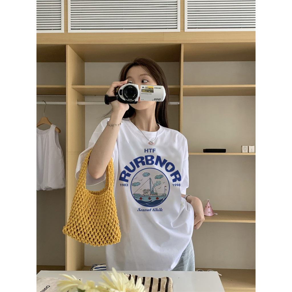 EUNII T-shirt Lengan Pendek Cartoon Sailboat Painting Printing Korean Style/Kaos Atasan Wanita/Baju Wanita/Kaos Wanita