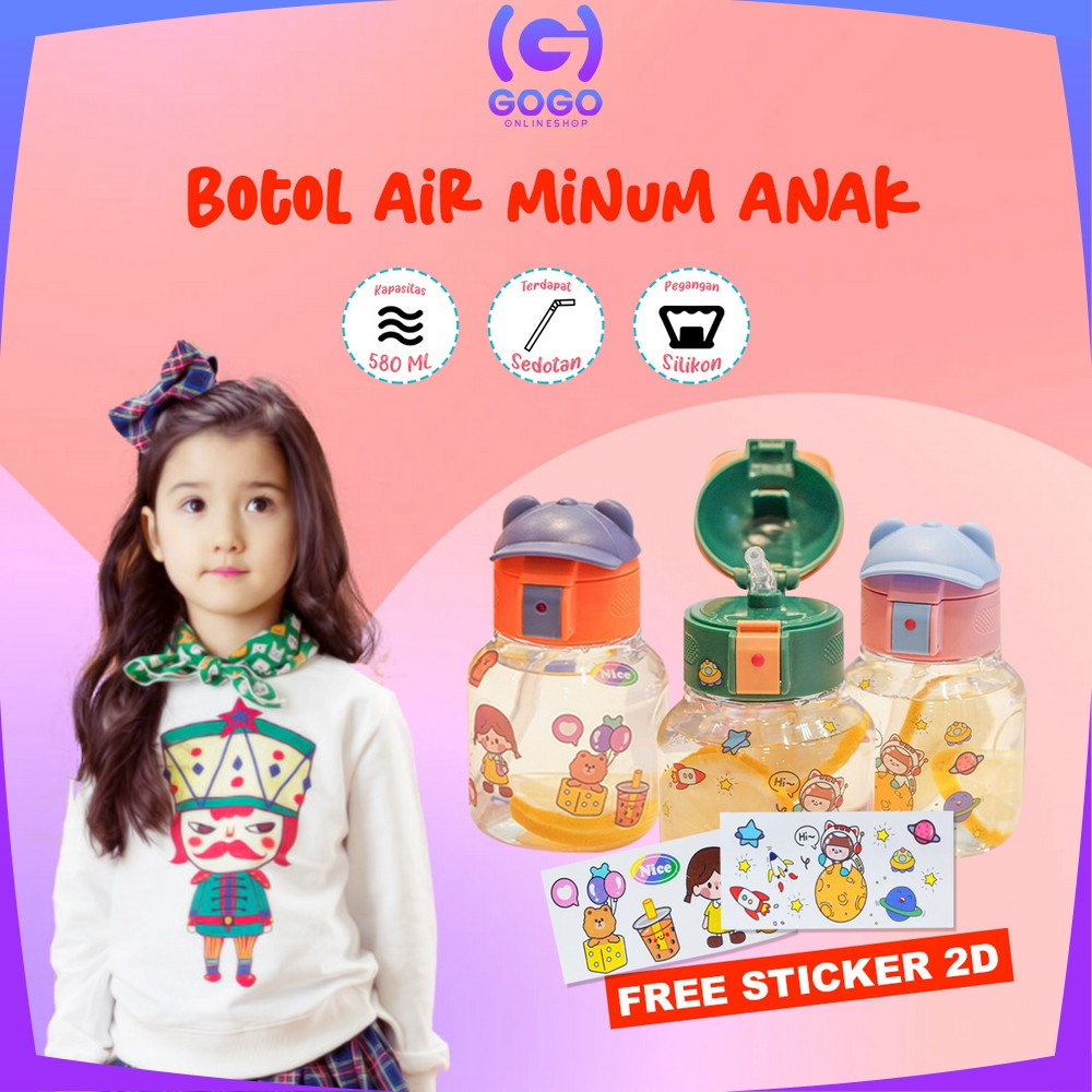 GOGO-C827 Botol Minum Anak Karakter BPA FREE Motif Topi 580ML dengan Sedotan / Tempat Minum Lucu dengan Pegangan Silikon Anak Tumbler Portable Food Grade