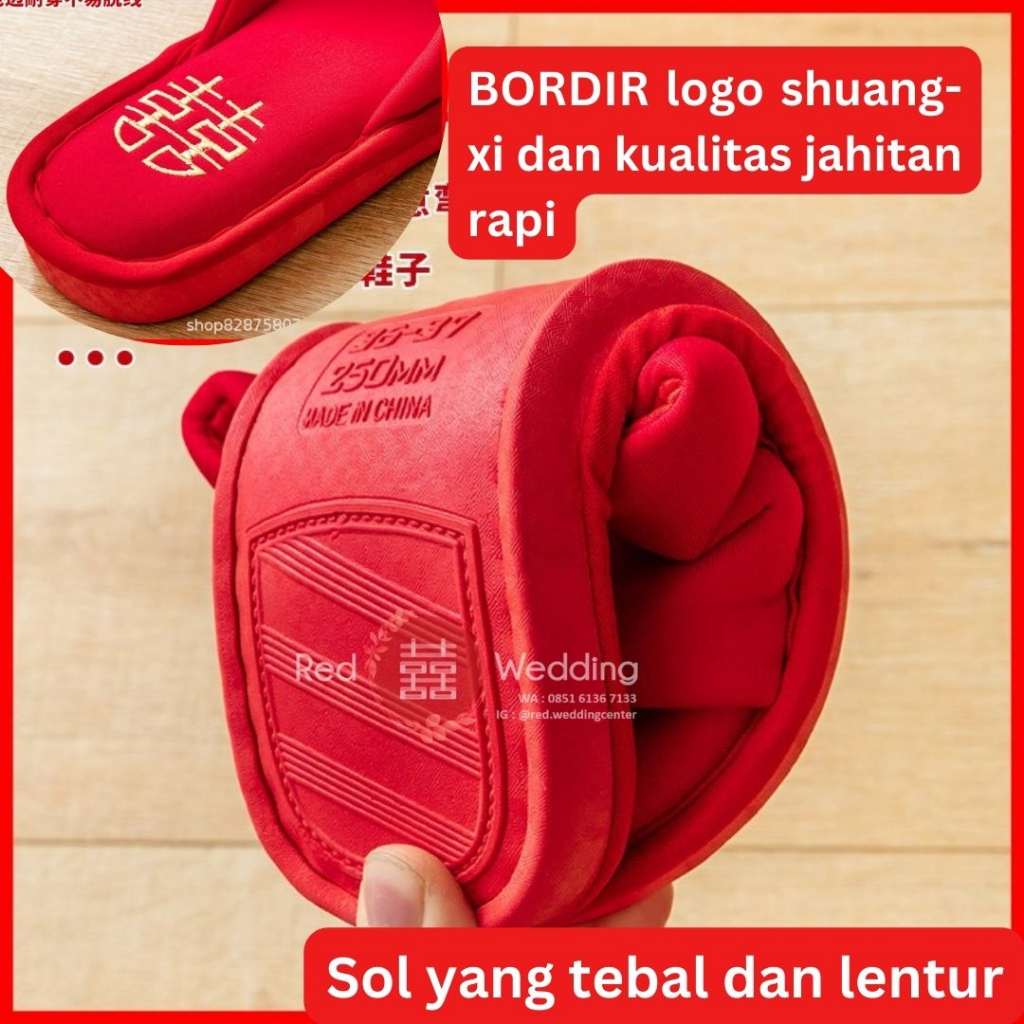 [Xi Bingkai Bunga] Sandal MERAH Pengatin Groom /Bride  Sepatu Wedding Bahan dengan Bordir Tulisan Shuang Xi Sanghi