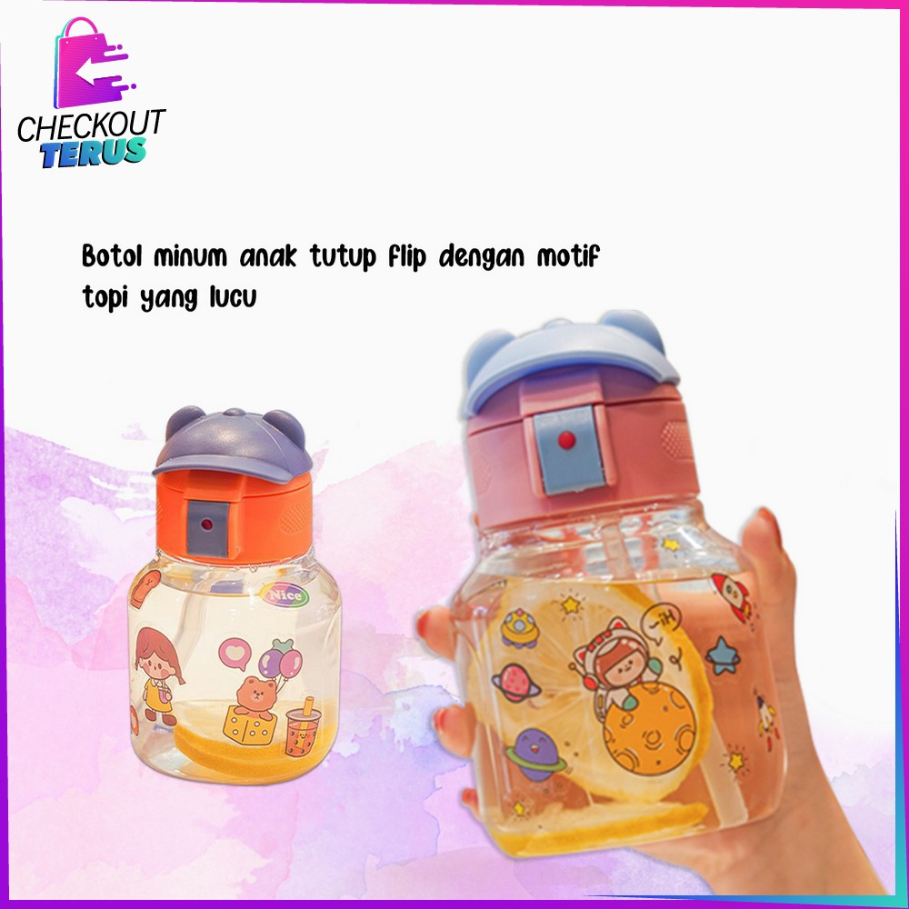 CT C827 Botol Minum Anak Karakter Motif Topi 580ML dengan Sedotan Food Grade Tempat Minum Lucu dengan Pegangan Silikon Portable