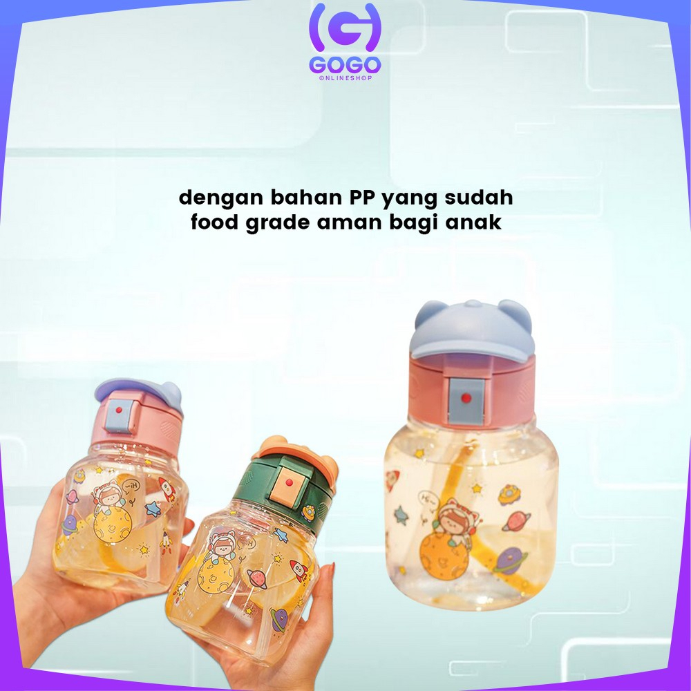 GOGO-C827 Botol Minum Anak Karakter BPA FREE Motif Topi 580ML dengan Sedotan / Tempat Minum Lucu dengan Pegangan Silikon Anak Tumbler Portable Food Grade